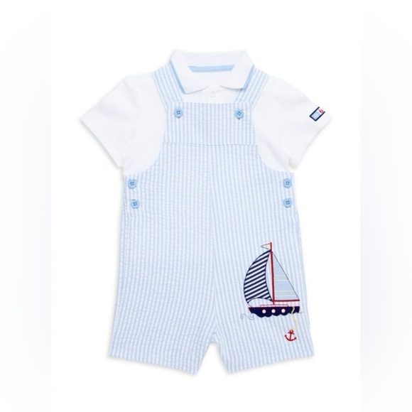 Baby Boy's Sailboat 2-Piece Polo & Striped Romper Set Sz 9M - Picture 1 of 12
